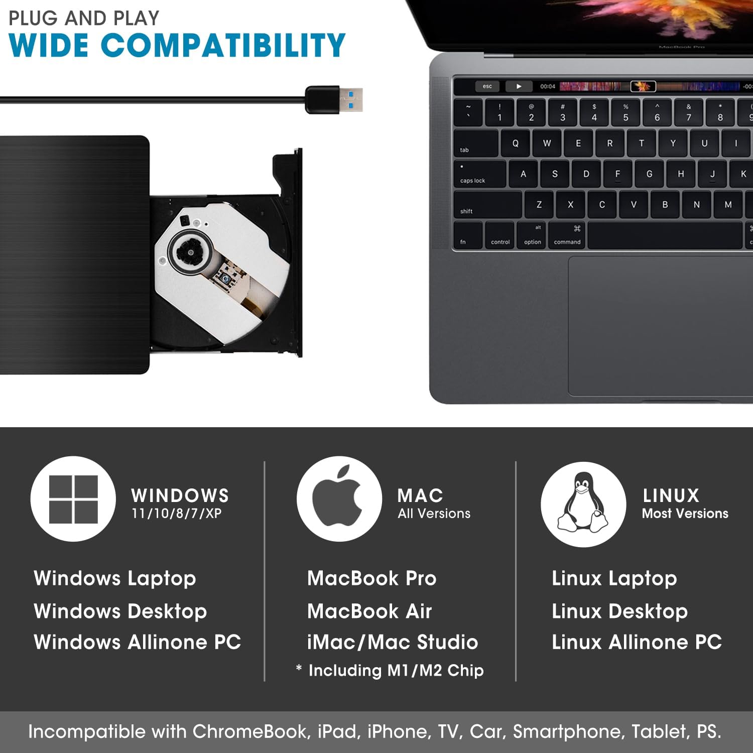 Slim External CD DVD RW Drive USB 3.0 Writer Burner Player Black For Laptop PC