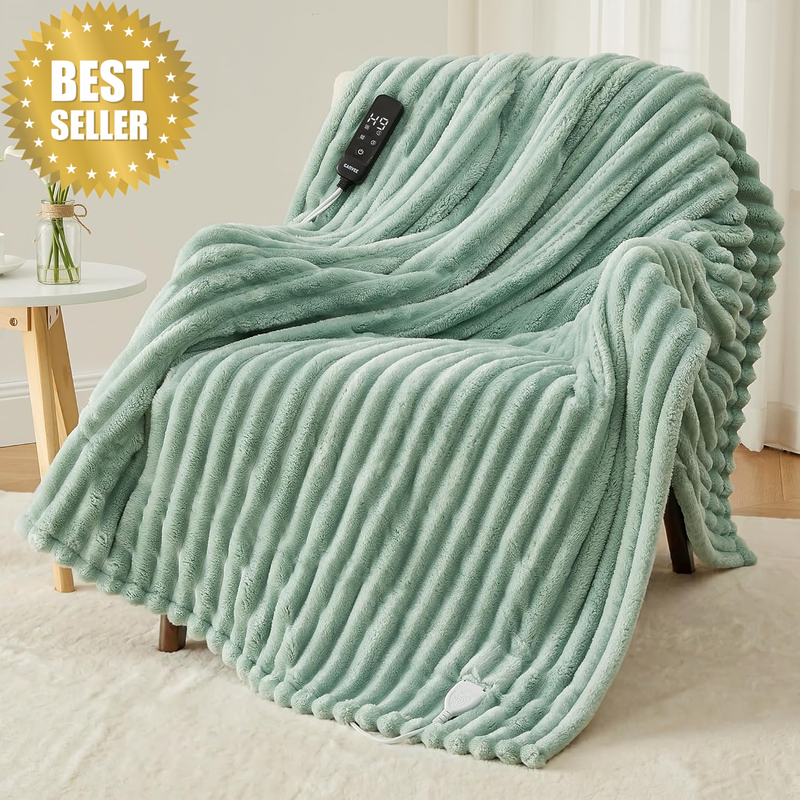 Electric Heated Throw Blanket 160X130Cm, 290GSM Thick Ribbed Flannel & Sherpa He