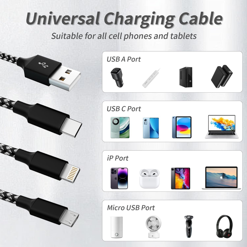 Multi Charging Cable(2Pack 4FT), 3 in 1 USB Charging Cable for Multiple Devices,