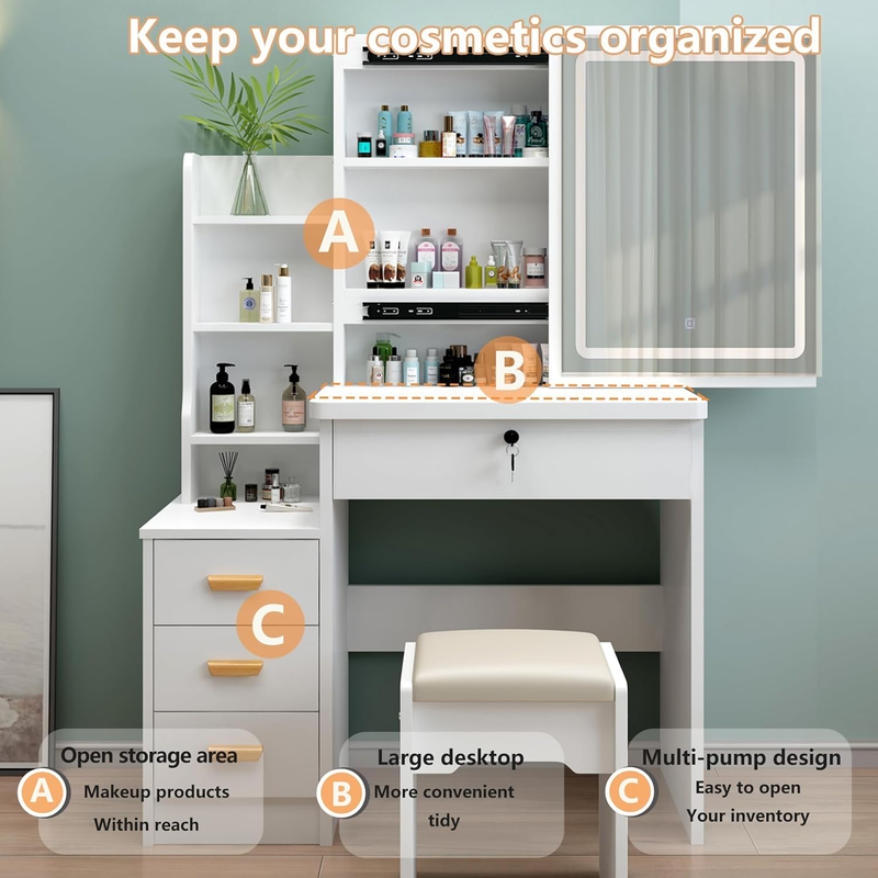 Vanity Desk with Sliding Mirror and Lights, 3 Color Light Modes Adjustable Brigh