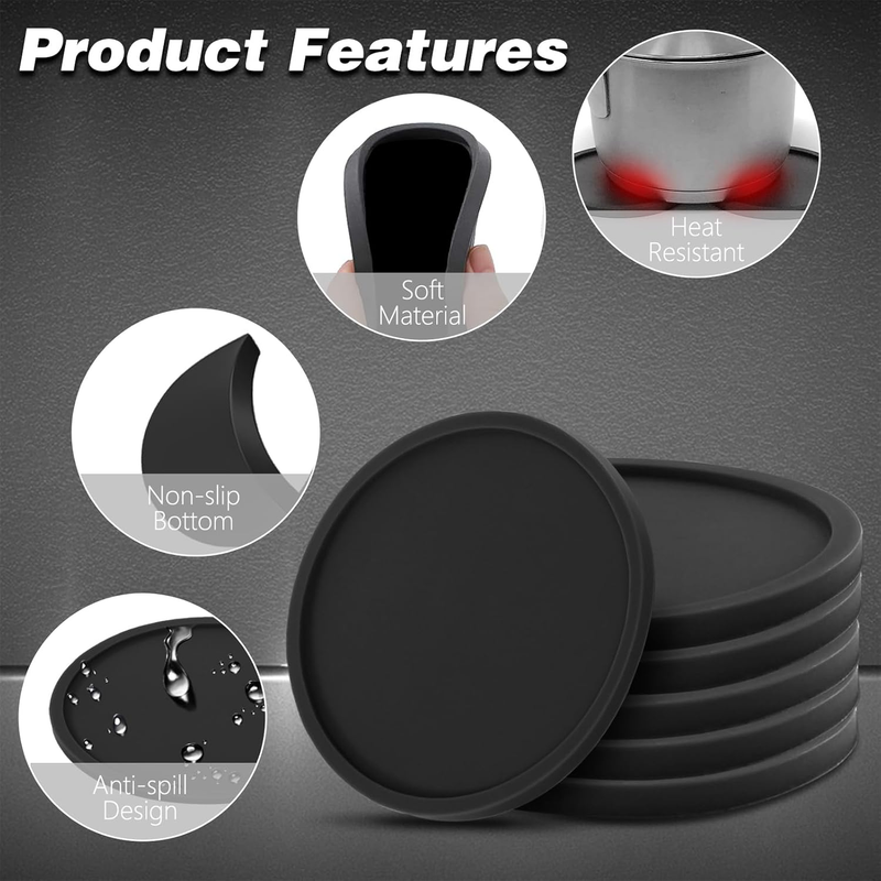 Coasters, 6 Pack Silicone Coasters, 4 Inch Coasters for Hot or Cold Drinks, Non-