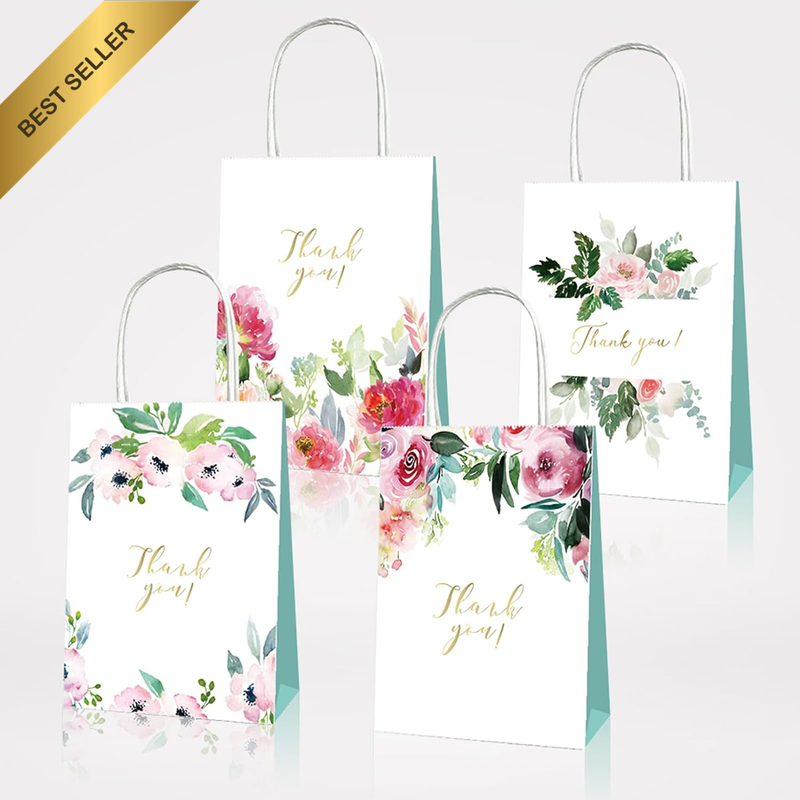 16Pcs Thank You Gift Bags Floral Design Gift Bags with Handles White Kraft Thank