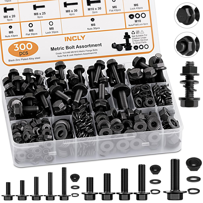 300PCS Black Metric Flange Bolt Assortment, M6X1.0, M8X1.25, M10X1.5 Bolt (12Mm