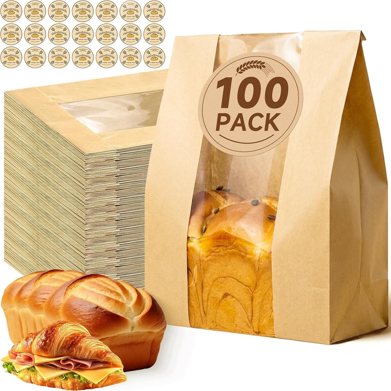 100 Pcs Bread Bags for Homemade Bread with Clear Window & 100 Stickers, Large Pa
