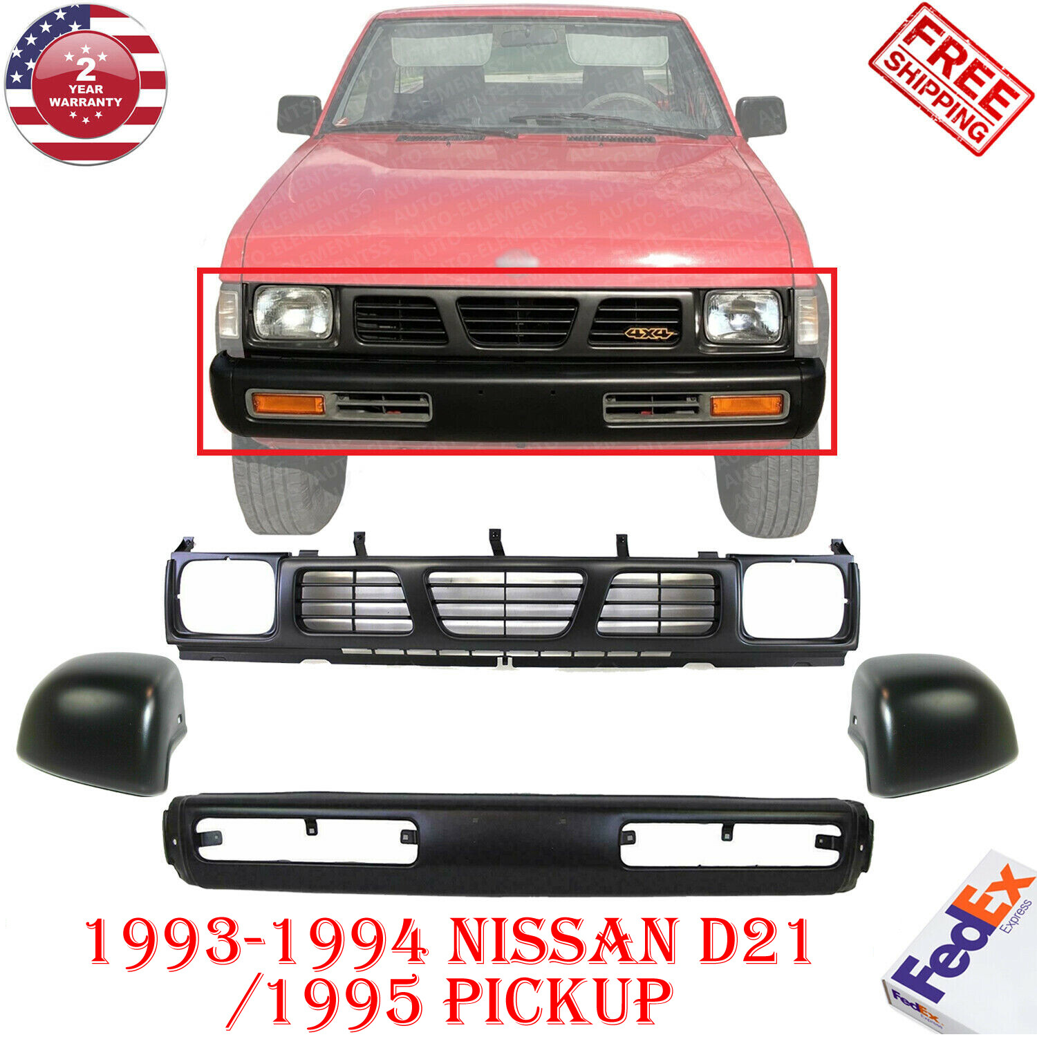 Front Bumper Black + Grille + End Caps For 1993-1994 Nissan