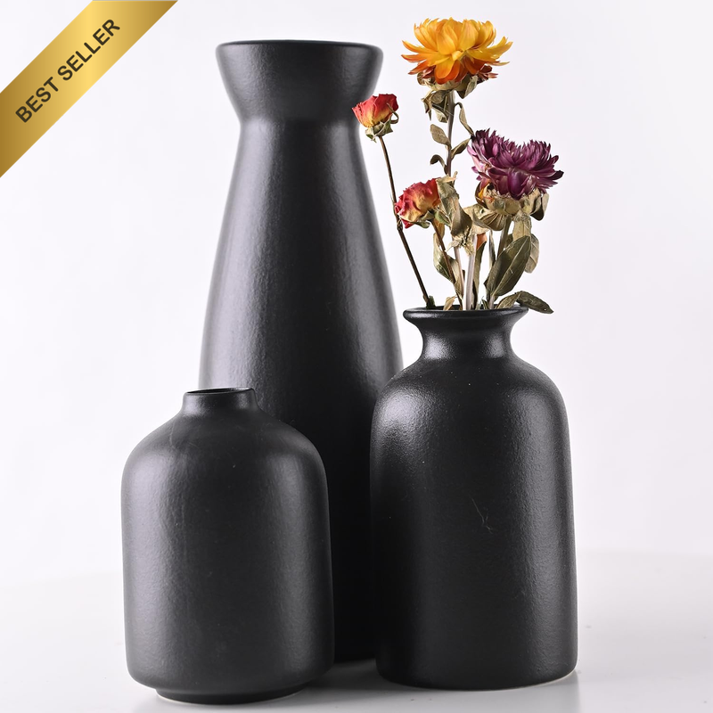 Black Ceramic Vase Set-3 Small Flower Vases for Decor Boho Vase Distressed Farmh