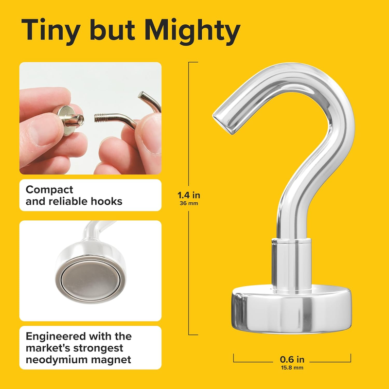 Magnetic Hooks - 6 Pack 27 lbs, Sleek Silver, Super Strong Neodymium Hooks for S