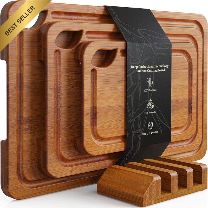 Deep-Carbonized Bamboo Cutting Boards for Kitchen with Wood Storage Stand, Rever