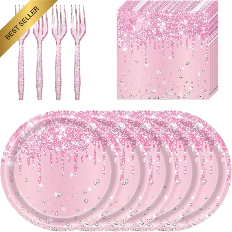 72 Pcs Pink Glitter Paper Plates 7In Dessert Plates Napkins and Forks Party Tabl