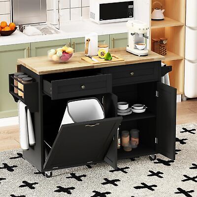 Rolling Kitchen Island with Drop Leaf - Trash Cabinet, Movable Carts with Drawer