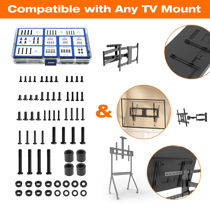 Universal TV Wall Mount Screws Hardware Bolt Kit, Includes M4, M5, M6, M8, Space