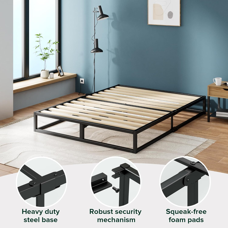 Full Bed Frame - Joseph 10 Inch Metal Bed Frame with Wood Slat Support, No Box S