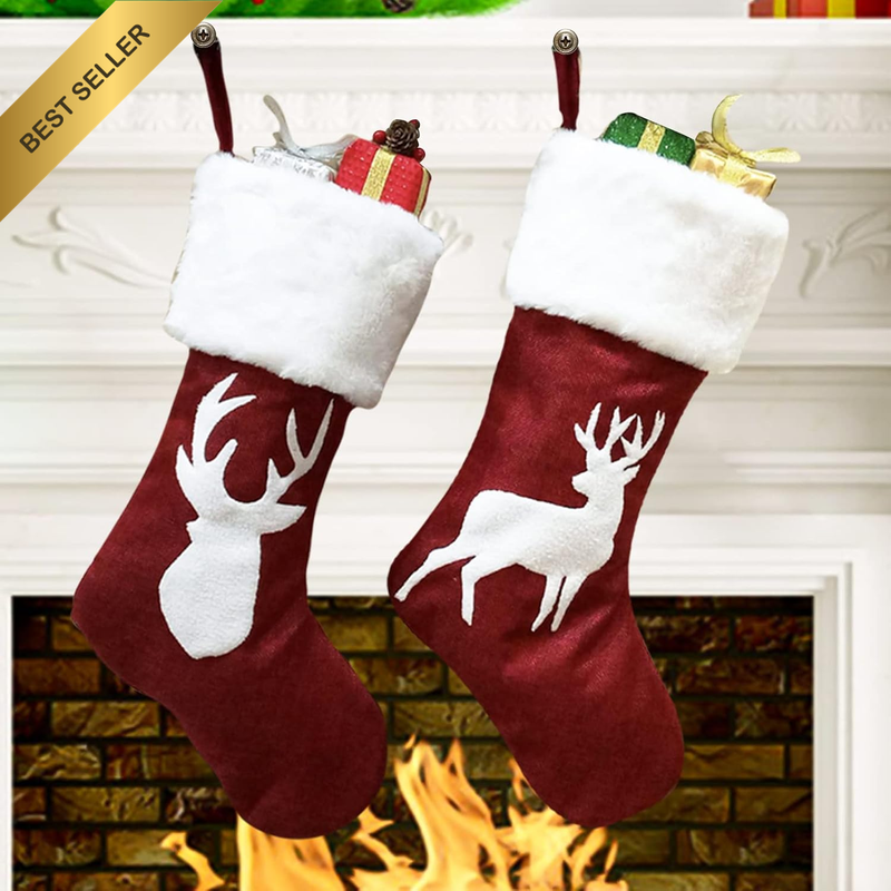 2 Pcs Large Soft Classic Red White Christmas Stockings Family Xmas Decor