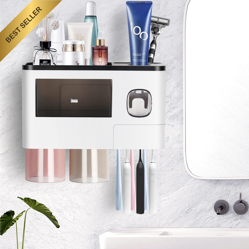 Dispenser Wall Mount Toothbrush Holder 2 Cups Drawer 6 Slots Black