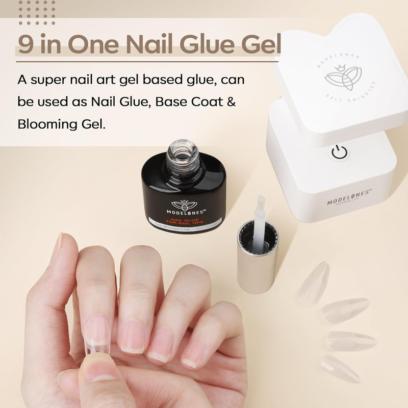 9 in One Nail Glue Base Coat Nail Polish Set Brush On Gel Nail Glue 15ml for Rhi