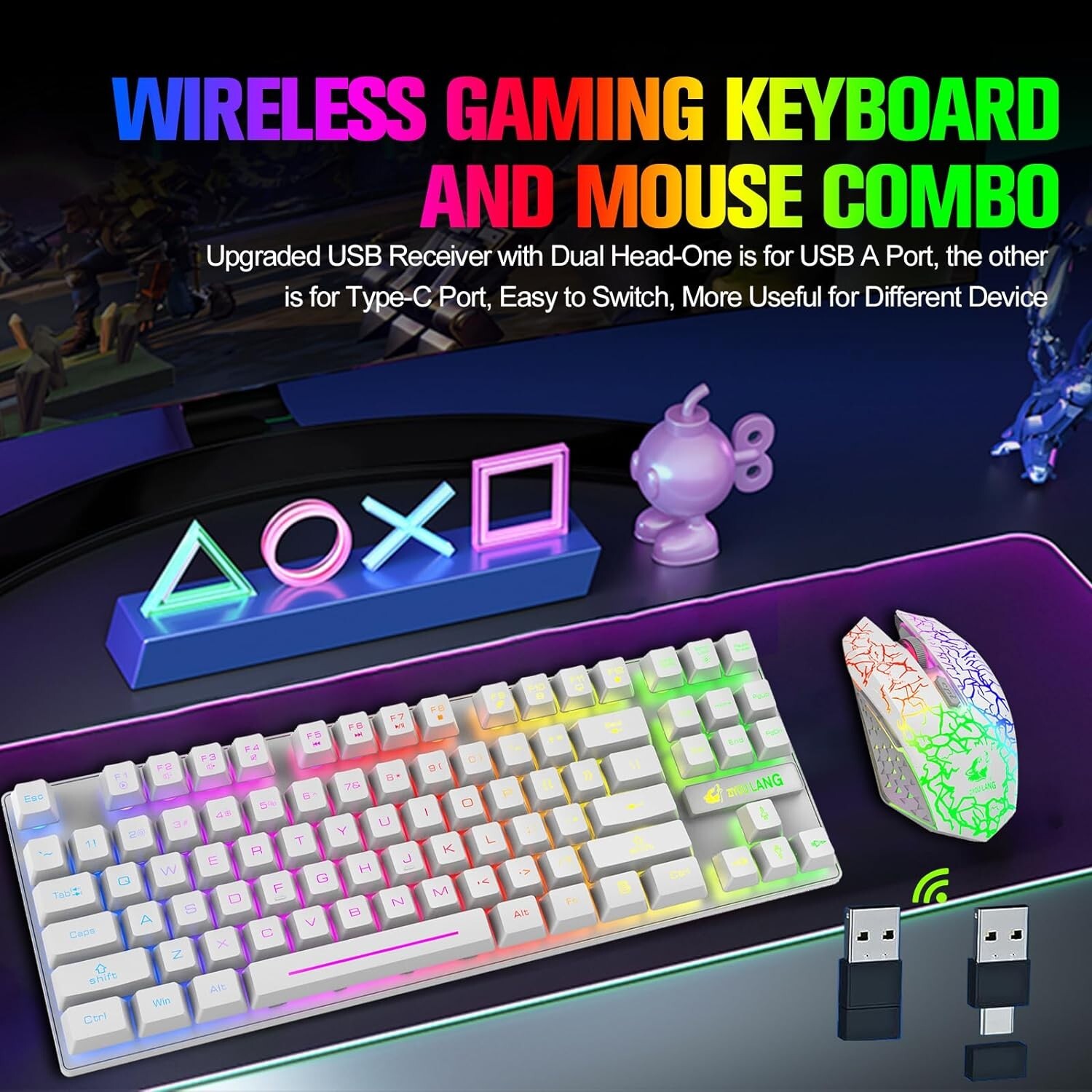 ZIYOU LANG T87 Wireless Gaming Keyboard and Mouse Combo with 87 Key Rainbow LED