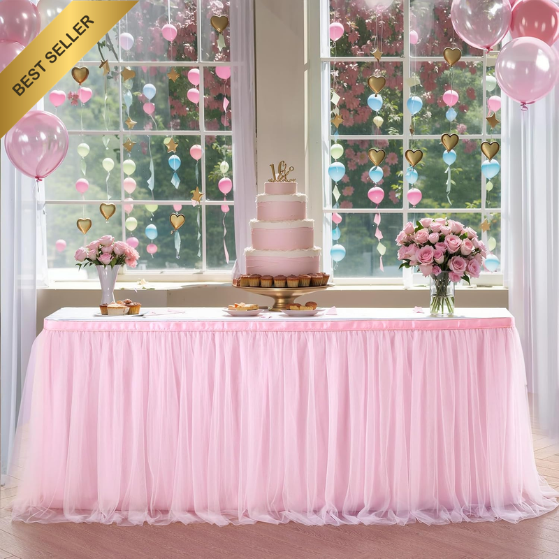6Ft Pink Tulle Table Skirt Baby Shower Tablecloth for Rectangle Tables or round