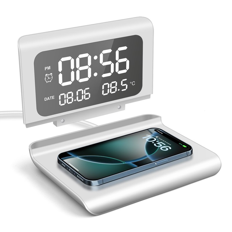 Digital Alarm Clock With Wireless Charger Thermometer For Home/Office/Bedroom