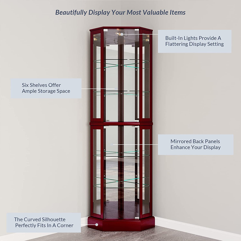 Lighted Corner Display Curio Cabinet Wooden Curved Shelving Unit with Tempered G