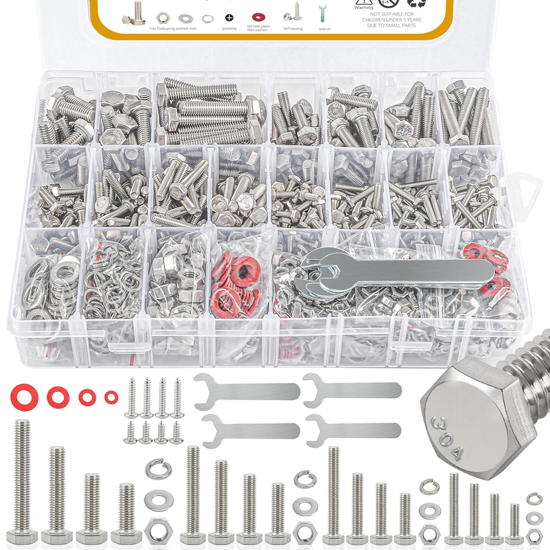 780pcs Hex Bolts and Nuts kit, 304 Stainless Steel M6 M5 M4 M3 Metric Bolt Assor