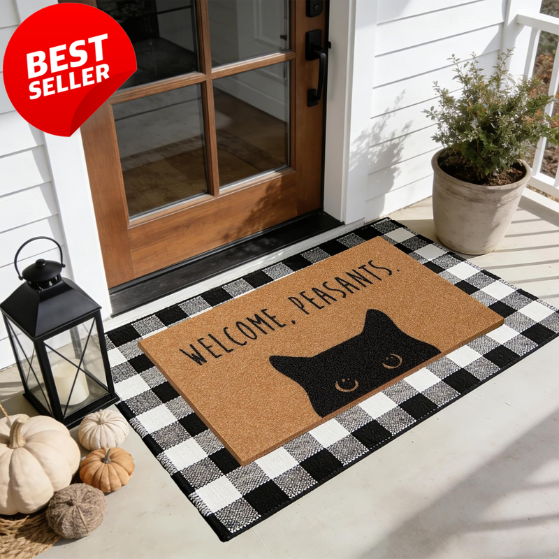 2PC Black Cat Door Mats Layered Coir Non-Slip Funny Welcome Mat - US