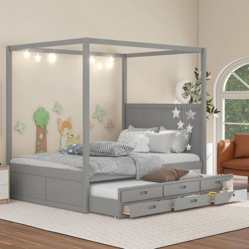 Queen Size Canopy Platform Bed with Trundle & Storage Drawers Wood Captain's Bed