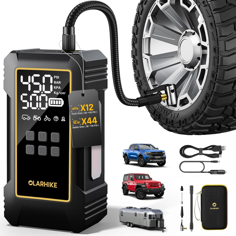 Olarhike 12000Mah Heavy Duty Air Pump,Tire Inflator Portable Air Compressor,150Psi Dual Power 12V &Cordless Battery Car Pump,Auto Compresor De Aire Para Carro with Digital Pressure Gauge,Truck,Rv,Jeep