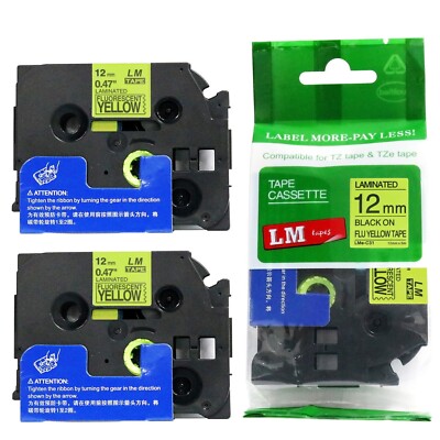 2/Pack 12mm Black on Flourescent Yellow P-touch Model PTE100, PT-E100 Printer