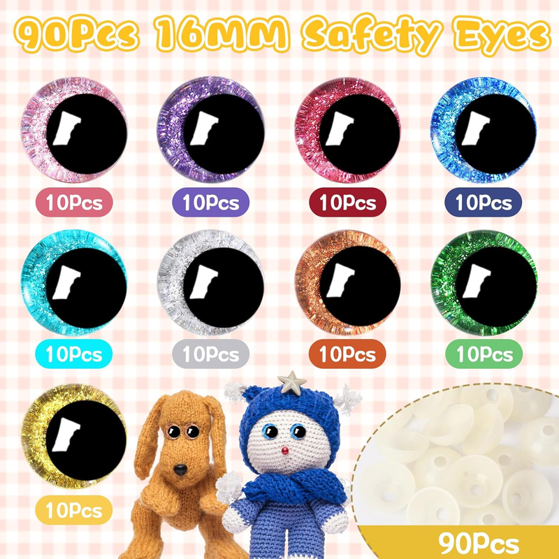 180 Pieces 16 mm 3D Glitter Plastic Safety Eyes with Washers for Amigurumi Anima