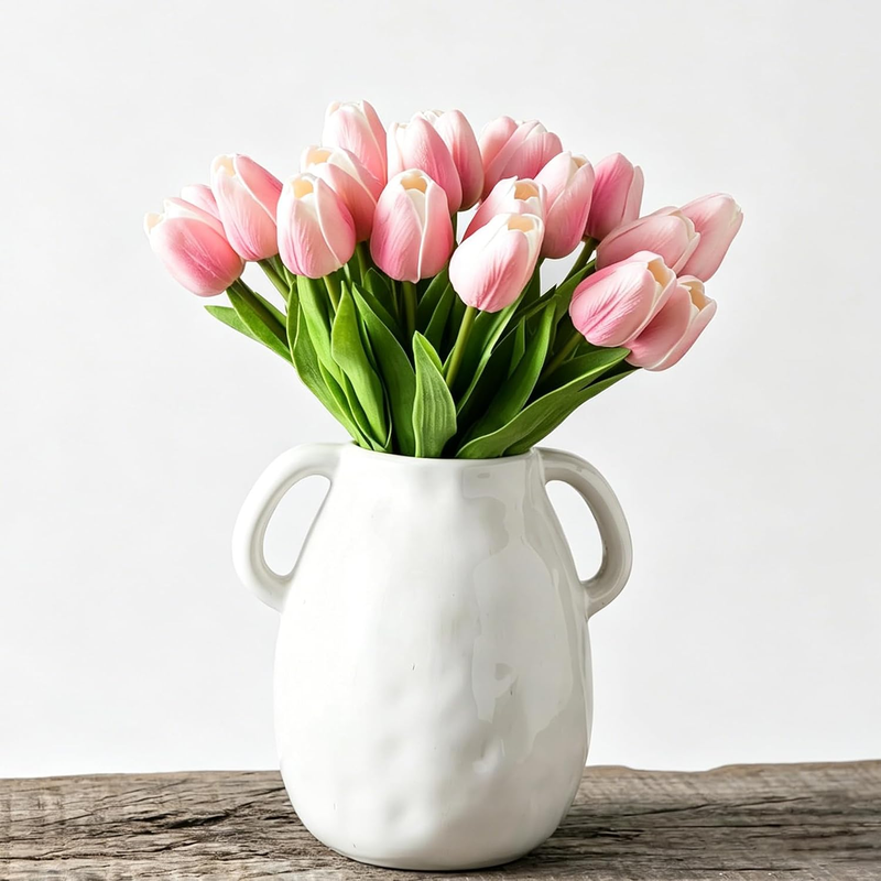 20Pcs Pink and White Artificial Tulip Flowers, Silk Fake Flowers 13.6