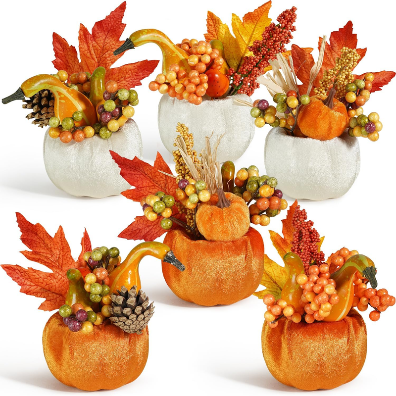 Set Von 6 Künstlichen Kürbis Dekorationen, Herbst Dekorative Stoff Orange Kürbis