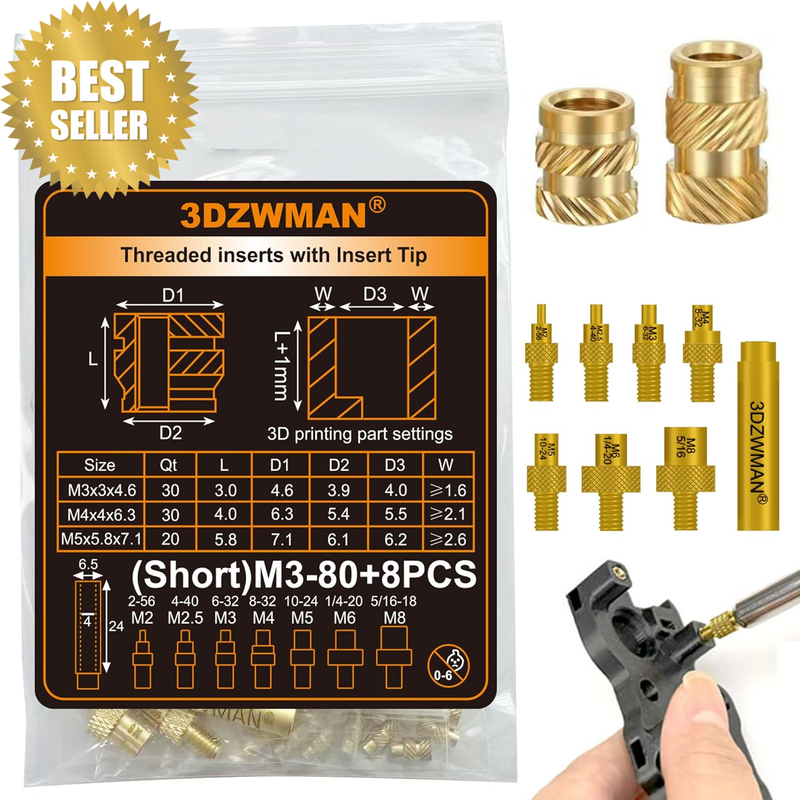 M3 M4 M5 Threaded Inserts with M2-M8 Heat Set Insert Tools,Brass Metric Knurled