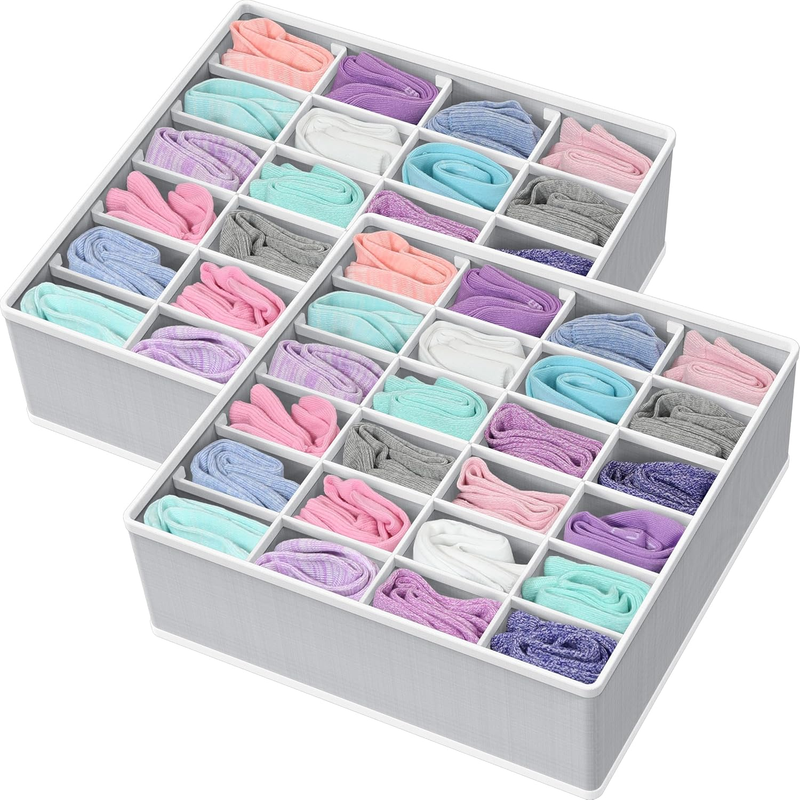 2 Pack Closet Sock Organizer, 24 Cell Drawer Divider, Gray