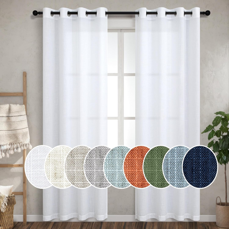 White Linen Curtains 105 Inches Long for Living Room 2 Panel Sets Grommet Semi Sheer Curtain Drapes for Family Room Patio Glass Sliding Door Doorway Industrial Farmhouse Decor 52 X 105 Length