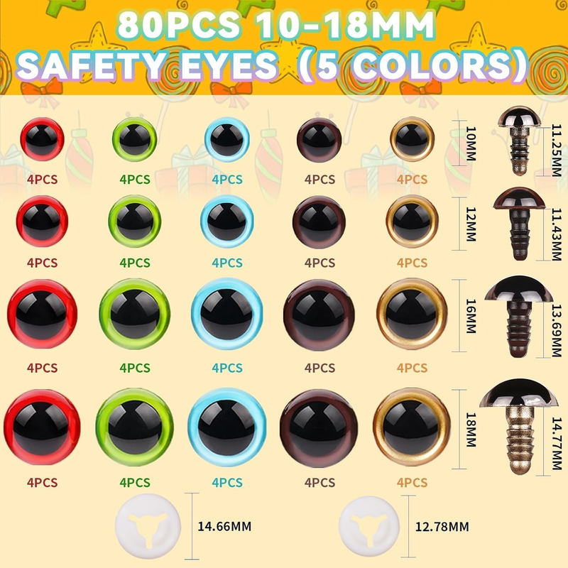 160pcs Safety Eyes for Amigurumi with Washers 10/12/16/18mm Colorful Plastic Saf