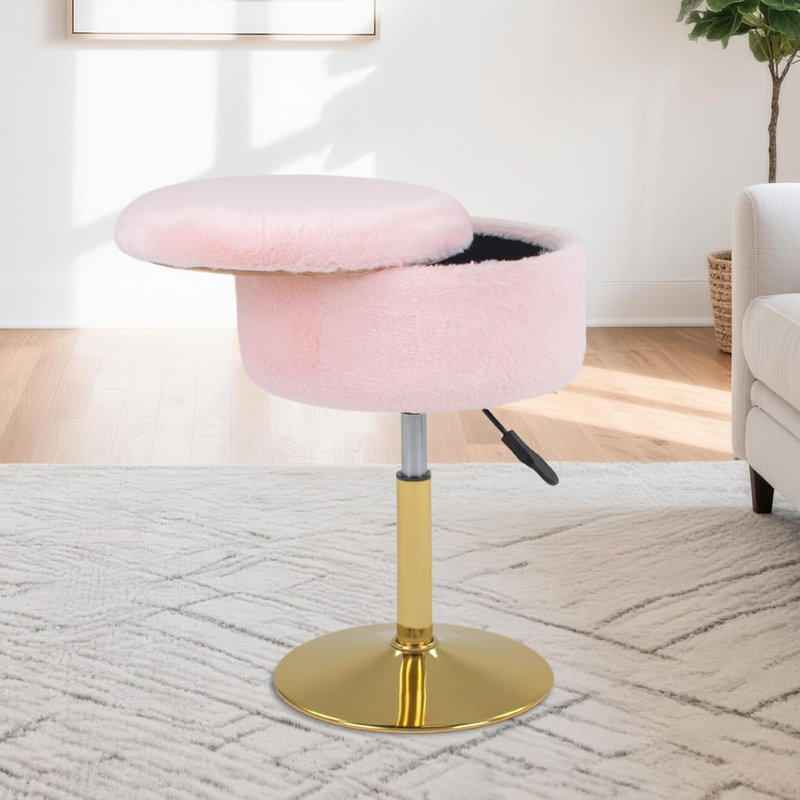 Adjustable Vanity Stool for Makeup Room, 360° Swivel Gold Vanity Chair, Faux Fur round Storage Ottoman Footrest for Living Room Bedroom, Pink