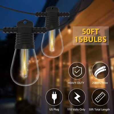 50ft 15 Bulb Vintage String Lights S14 LED Shatterproof for Outdoor Garden Patio