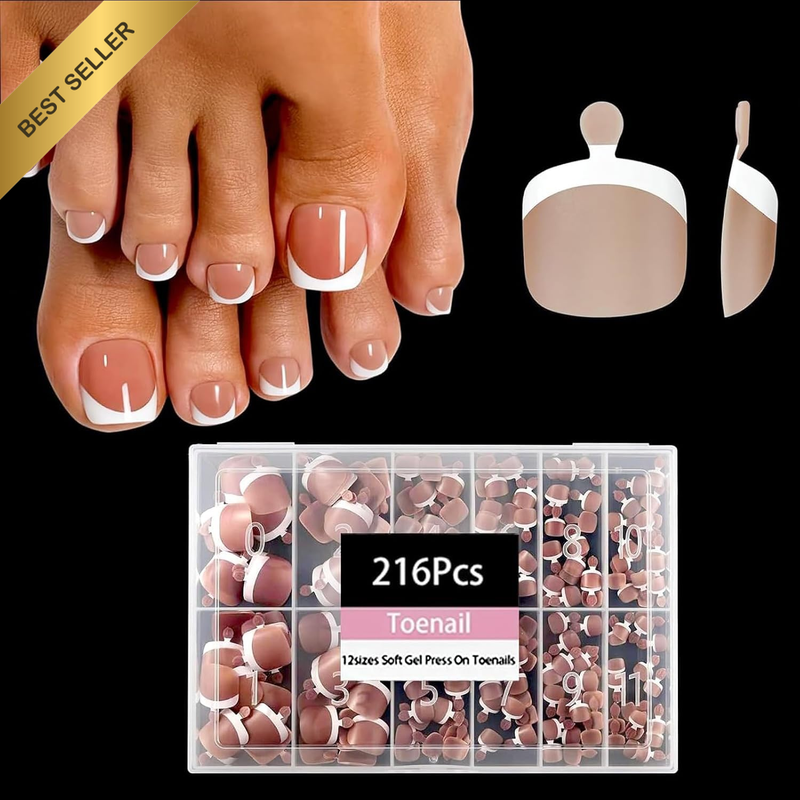Brown Toe Nail Tips, 216Pcs Short Press on Toenails for Women, Square French Tip