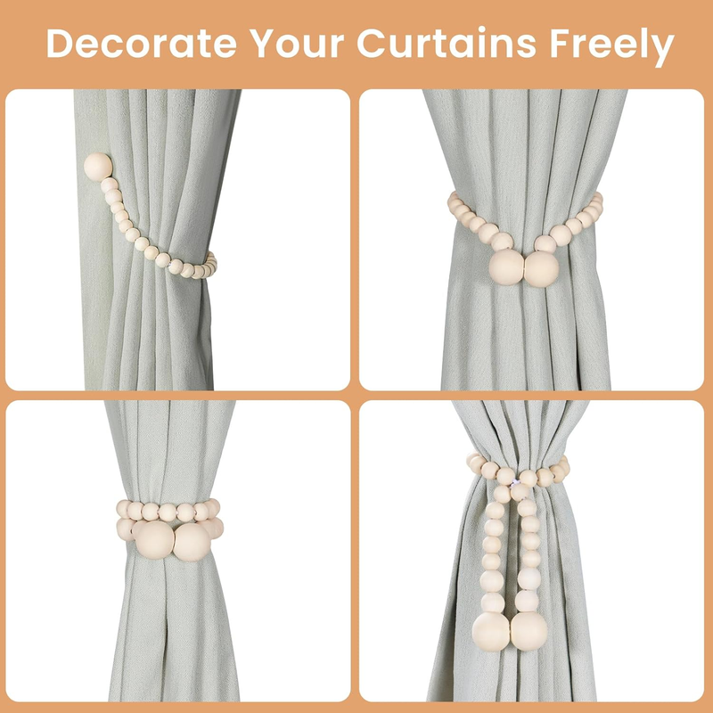 Magnetic Curtain Tiebacks, Curtain Tie Backs for Curtains 2 Pack, Wood Bead Curt