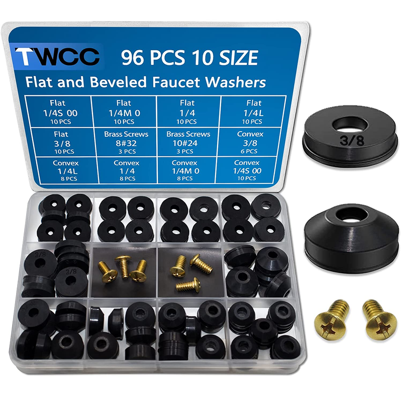 Faucet Washers, 96 Pack Flat and Beveled Washers Rubber Assortment Kit Replac...