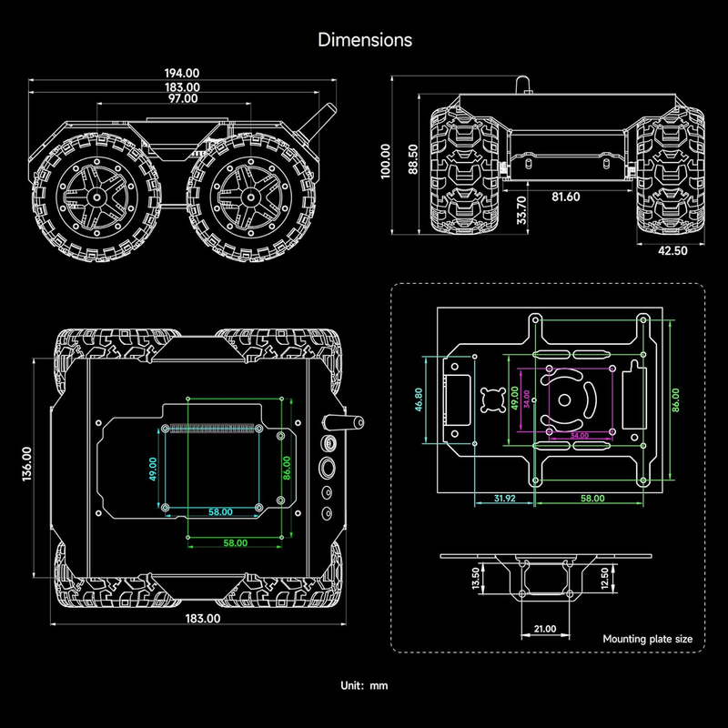 Wave Rover Flexible and Expandable 4WD Mobile Robot Chassis, Full Metal Body, Mu