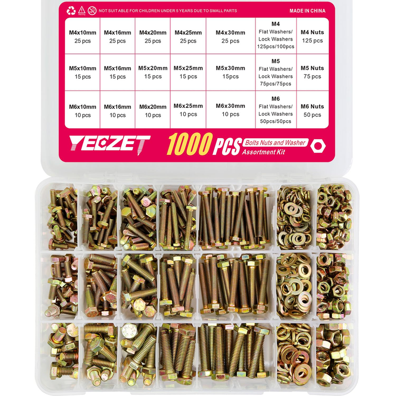 1000pcs Grade 8.8 Bolts and Nuts Washers Assortment Kit,M4 M5 M6 Metric Bolt Ass