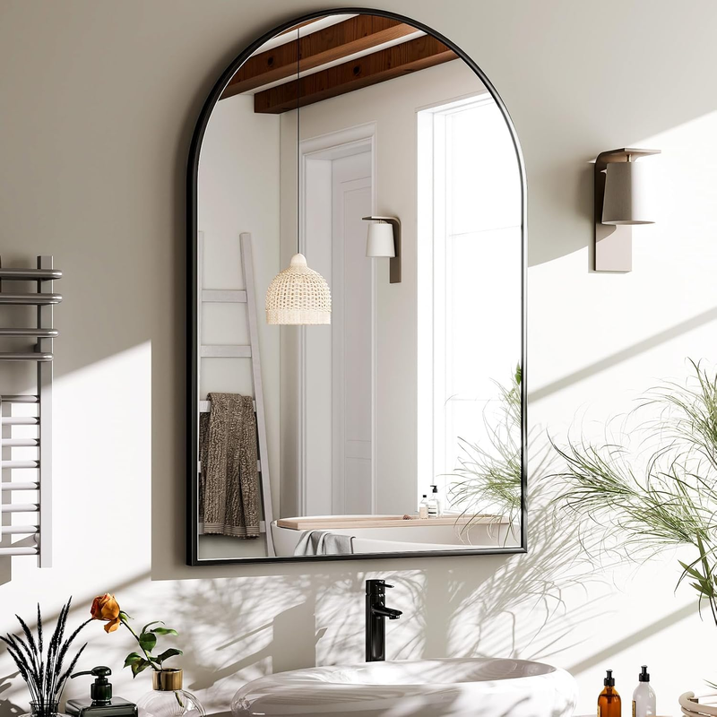 20"x30" Arched Mirror - Wall-Mounted Mirror Black Arch Mirror Aluminum Alloy Fra