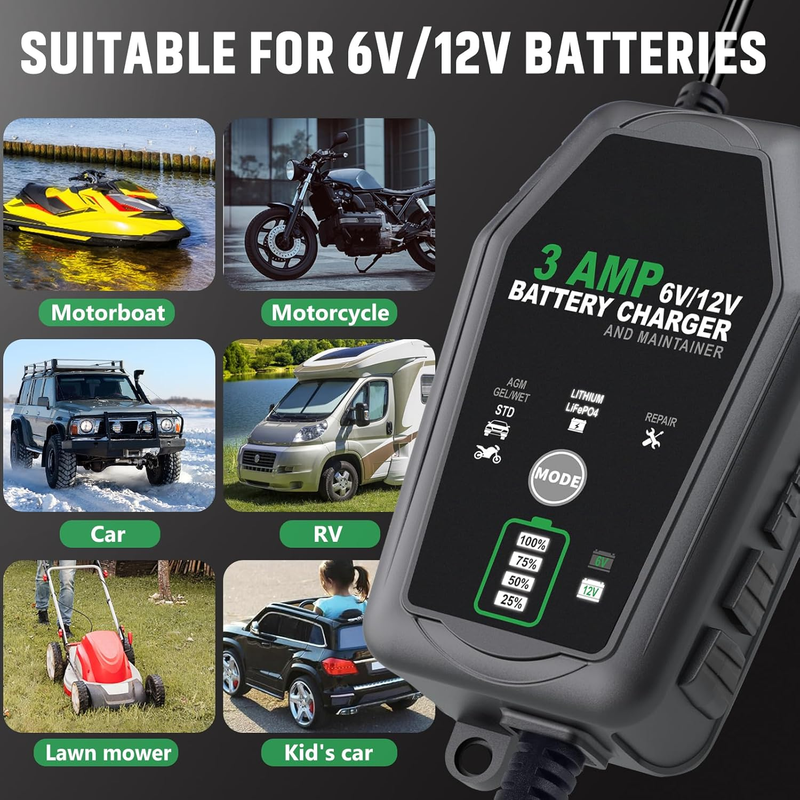 3 AMP Battery Charger, 6V/12V Smart Car Battery Charger, Trickle Charger, Fully