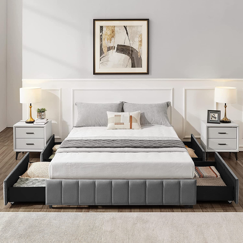 With 4 Storage Drawers, Upholstered Bed Frame With Strong Woo
