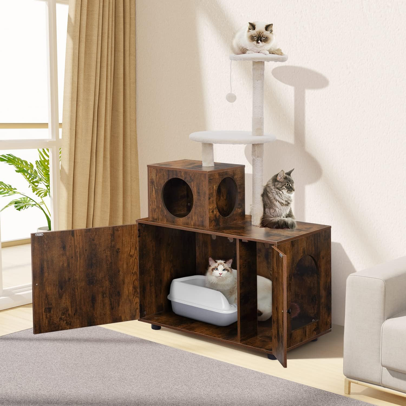 Enclosures, Wooden Litter Box Furniture With Cat Tree Tower, Hidd