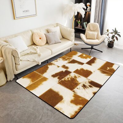 Brown White Cow Print Living Room Rugs 5x7, Patchwork Western Cowhide Area Ru...