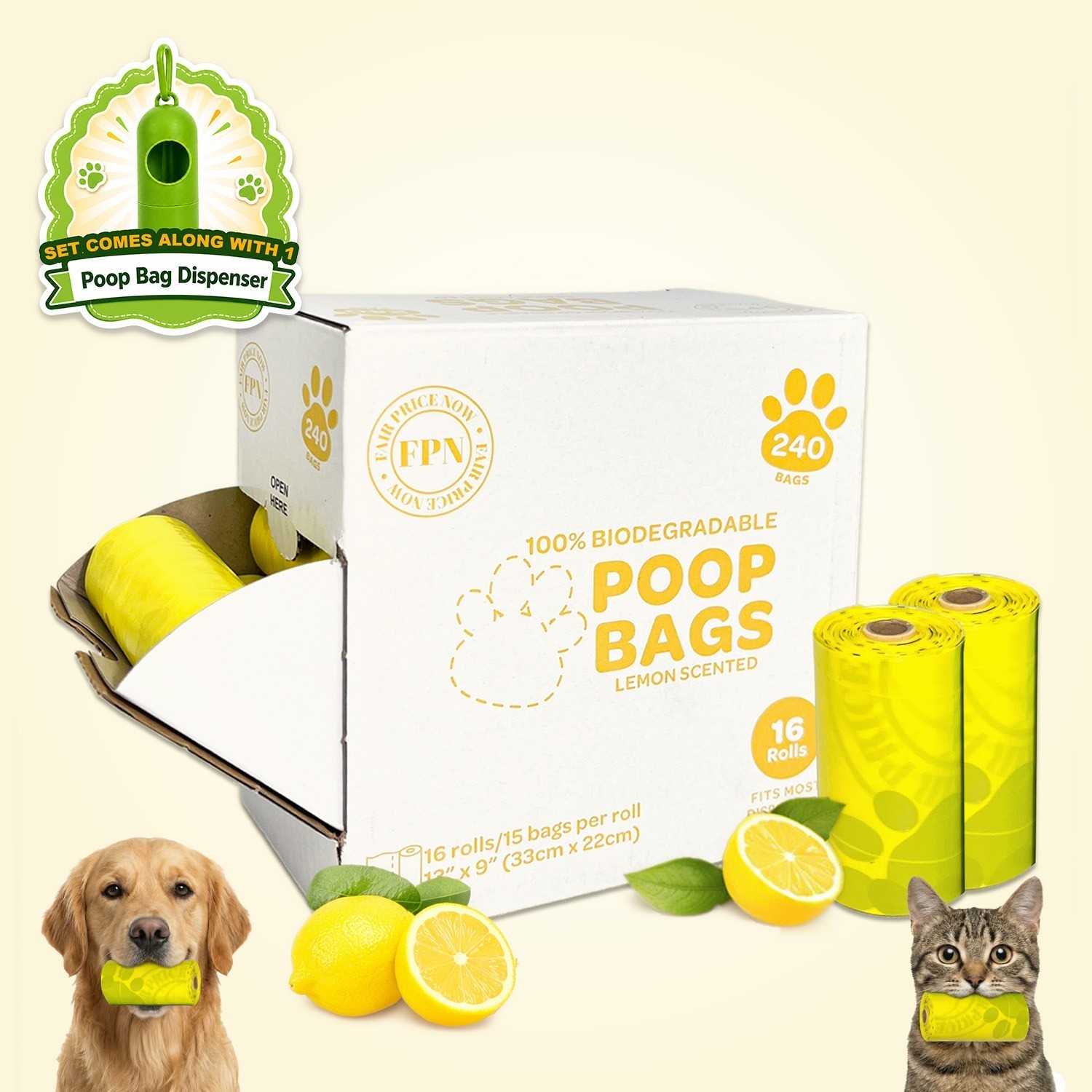 Dog Poop Bag Lemon Scented Ecofriendly Dog Waste Bag - 16 CT Rolls 240 Counts