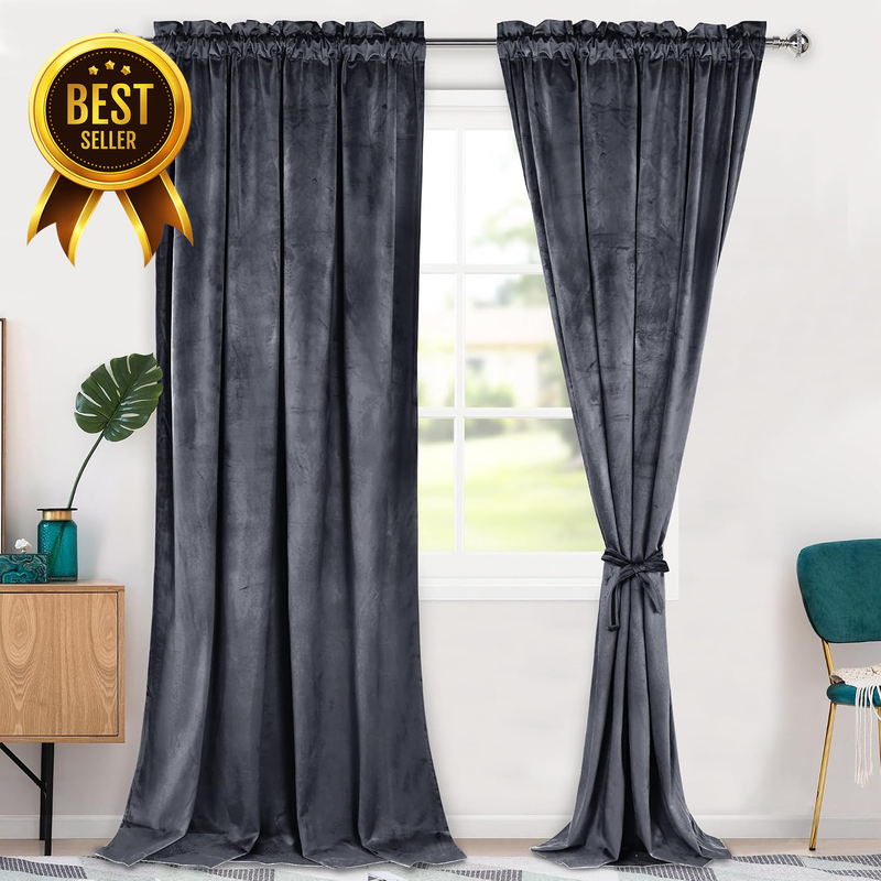 Velvet Blackout Curtains 108 Inches 2 Panels 52W X 108L Dark Grey