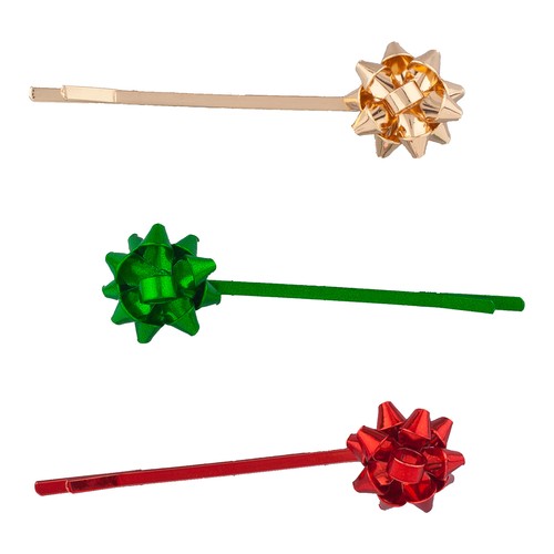 Lux Accessories Gold Tone Red Green Grosgrain Gift Bow Hair Pins Set of 3